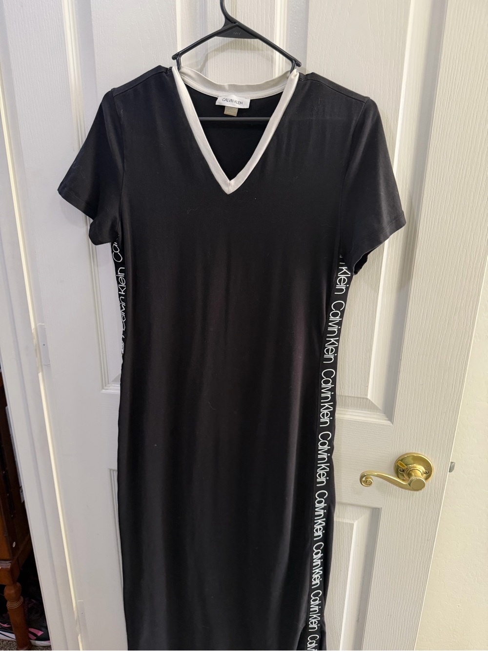 Calvin Klein Black V-Neck Midi Dress with White Trim and Logo Side Stripes
